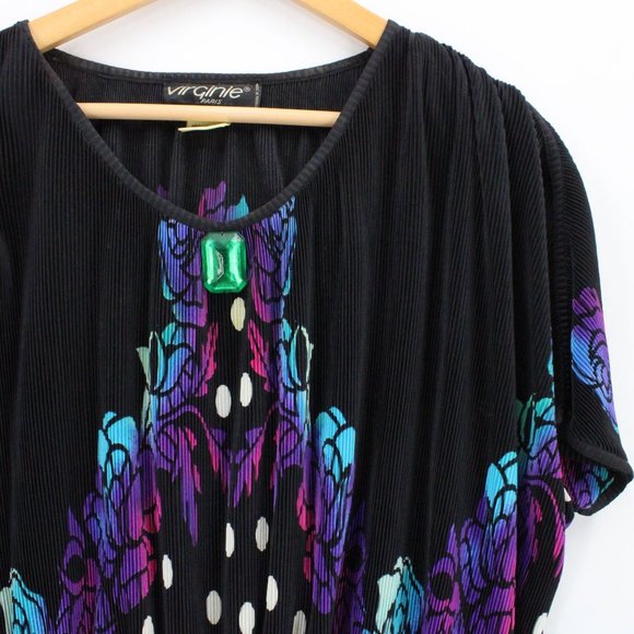 Vintage Virginie Paris Blouse Top Womens Black Art Graphic Nylon Size XL 80s - Picture 2 of 10